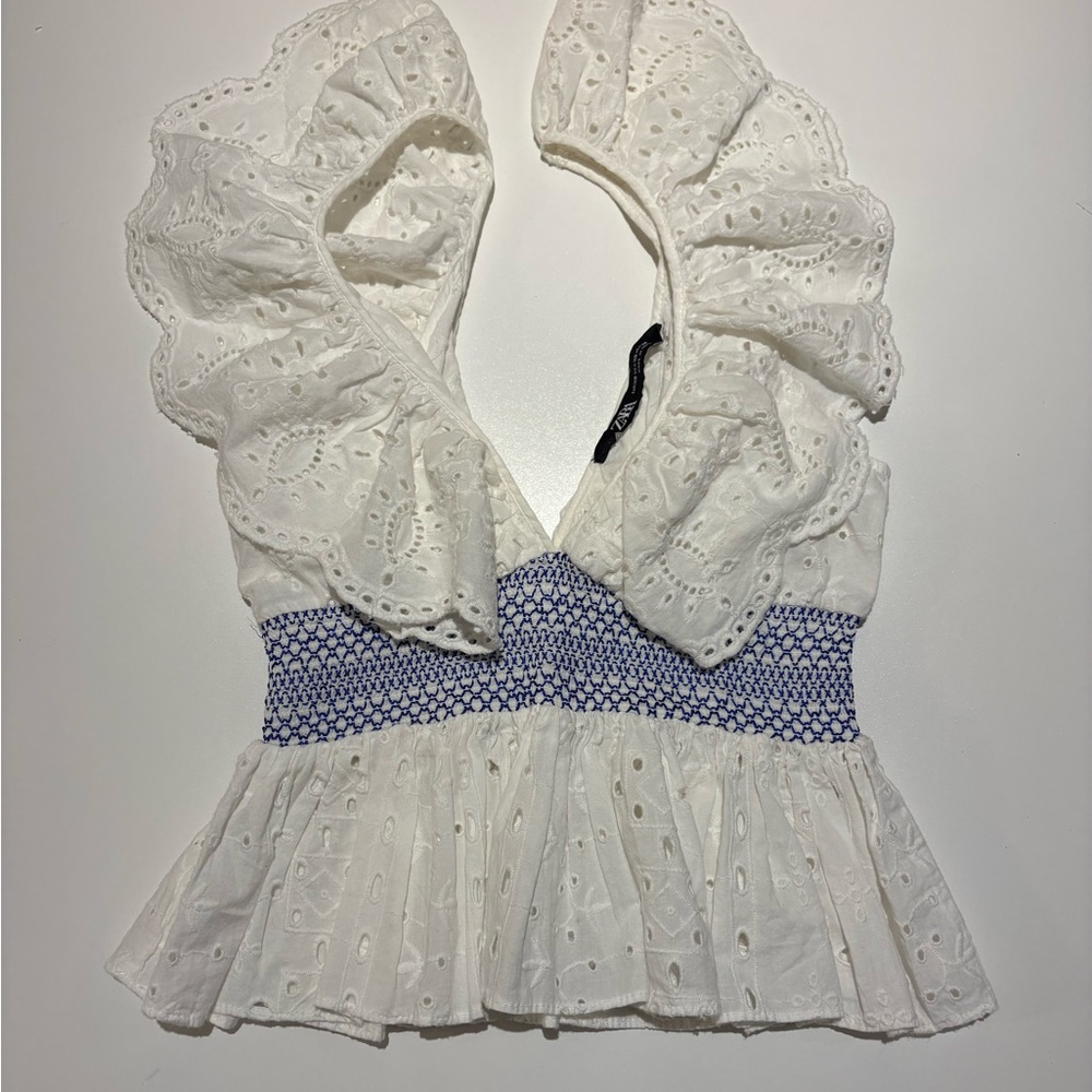 Zara White and Blue Ruffle Blouse